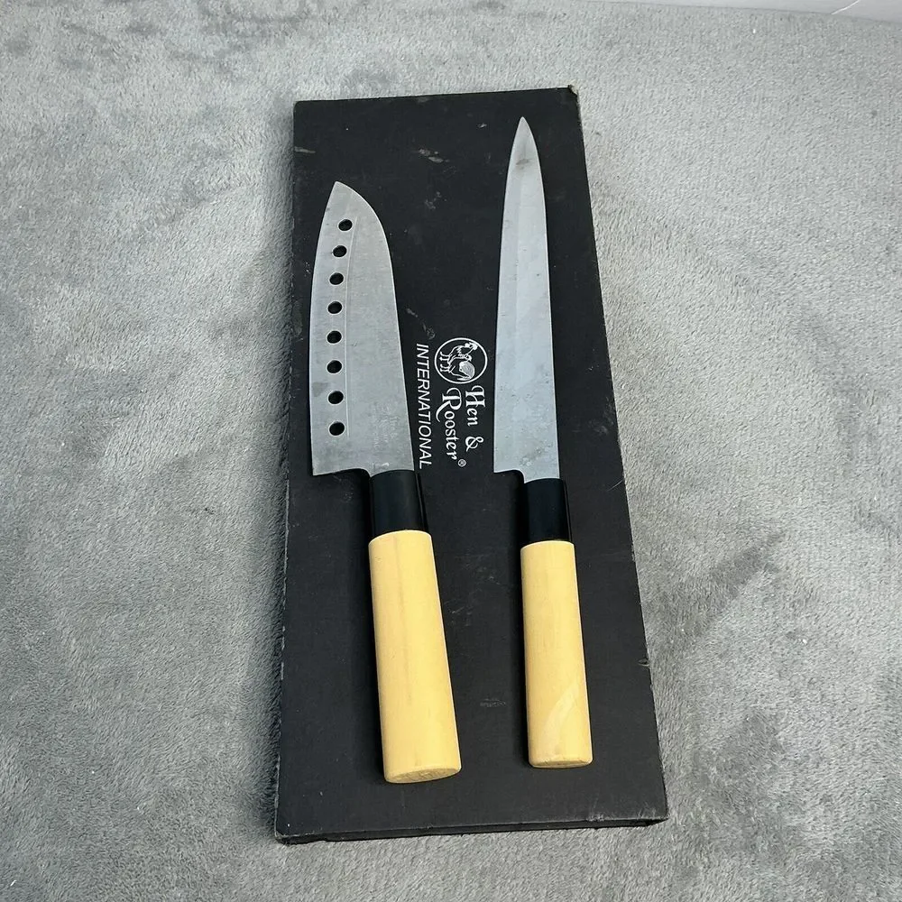 Hen & Rooster Three Piece Kitchen Knife Set 2pc Tan Wood Stainless K100‎